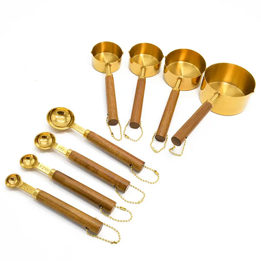 8-Piece Measuring Cup & Spoon Set: Wooden Handles, Metric & American Measurements, Stainless Steel, Gold Plated Polished, Perfect for Cooking & Baking!