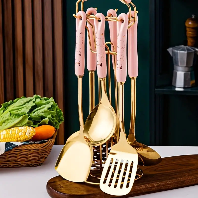 7pcs stainless steel spatula soup spoon kitchenware set cooking spatula kitchen supplies ceramic handle.