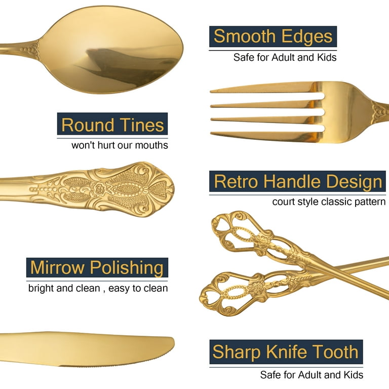 Gold Stainless Steel Silverware Set Retro Flatware Set 20 Piece Utensil Sets Service for 4. Weight 2lb.