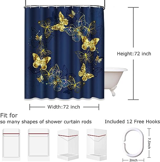 Blue Butterfly Shower Curtain, and Gold Butterflies on Dark Navy Blue Luxury Background Shower Curtain for Bathroom Decor Waterproof Polyester Fabric 72 x 72 Inches Set with Hooks