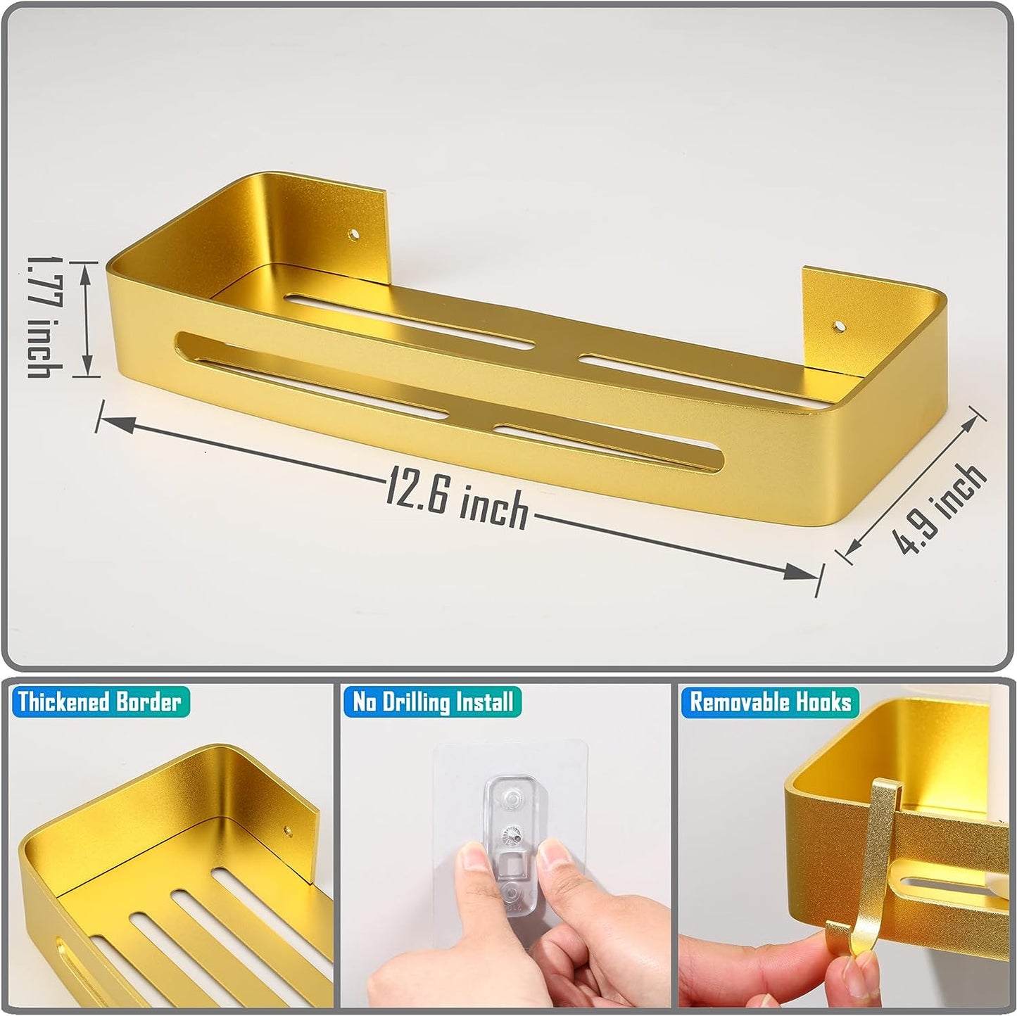 Gold Shower Caddy, Bathroom Shelves Wall Mounted, Metal Shower Shelves No Drilling, Shower Organizer Adhesive Installation, Antirust