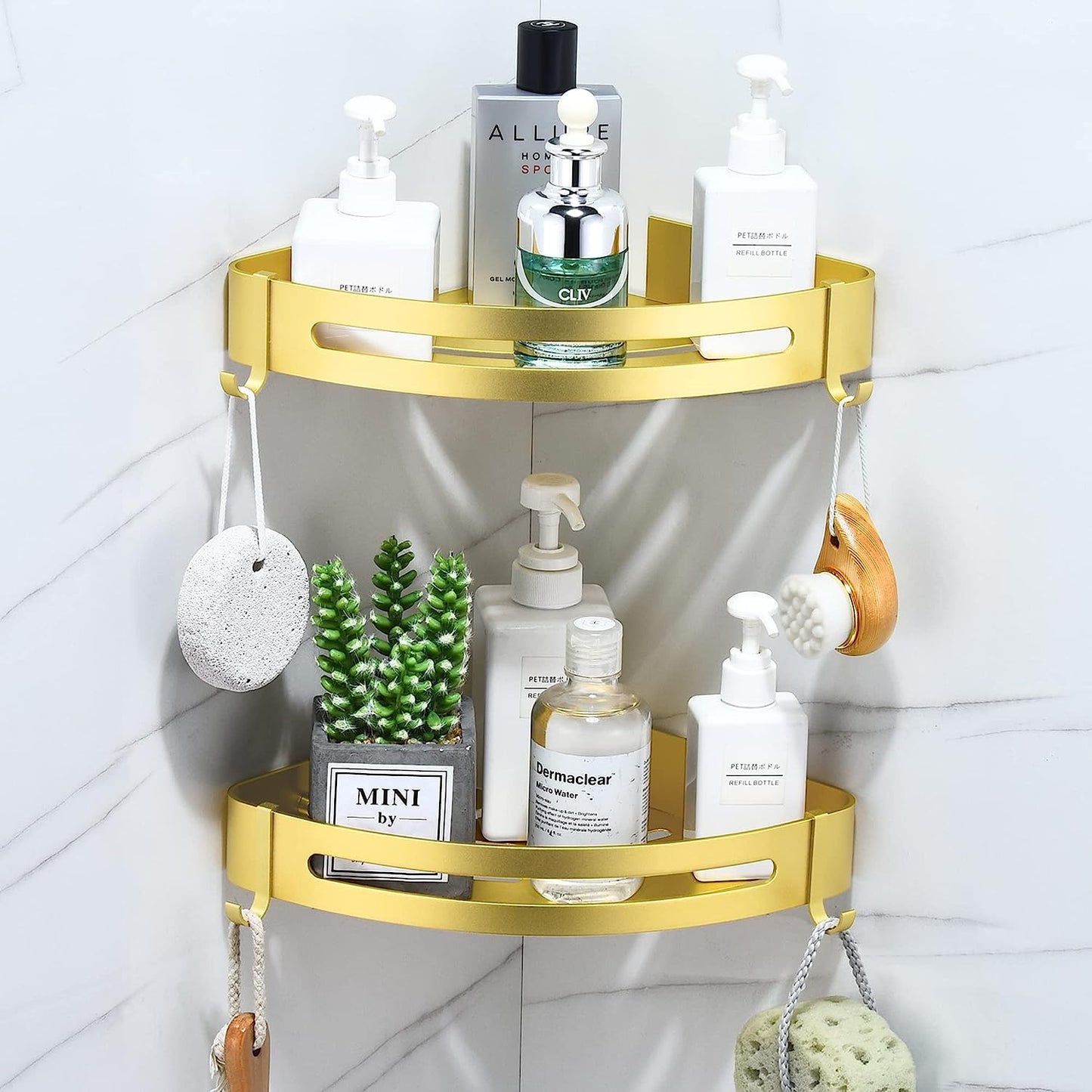 Metal Bathroom Storage Shelves with Hooks, Rust Proof Triangle Shower Shelf No Drilling, Adhesive Installation Bathroom Basket (2 Tiers, Bright Gold)