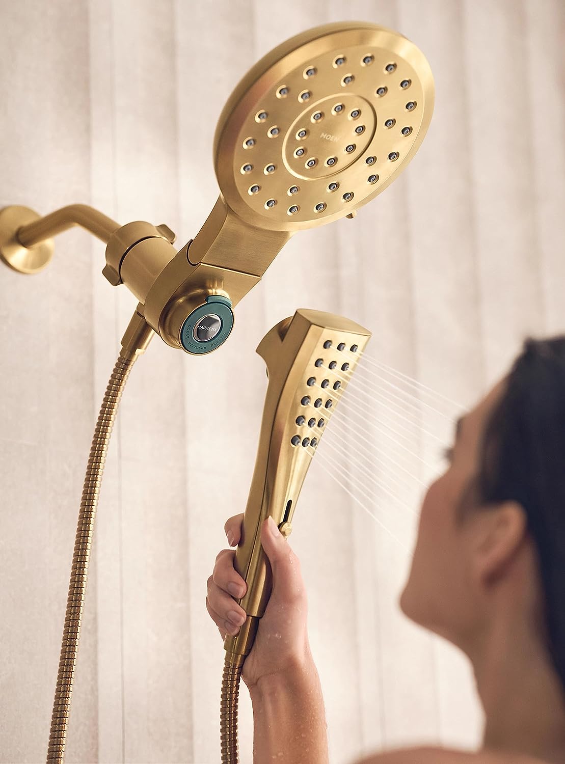 8-Spray Patterns with 1.75 GPM 7 in. Wall Mount Dual Shower Heads with Infiniti Dial in Brushed Gold