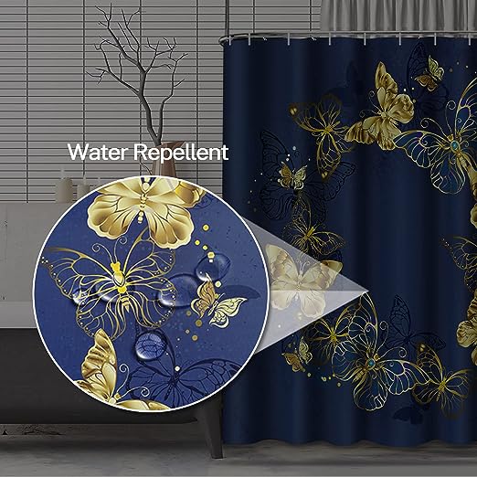 Blue Butterfly Shower Curtain, and Gold Butterflies on Dark Navy Blue Luxury Background Shower Curtain for Bathroom Decor Waterproof Polyester Fabric 72 x 72 Inches Set with Hooks