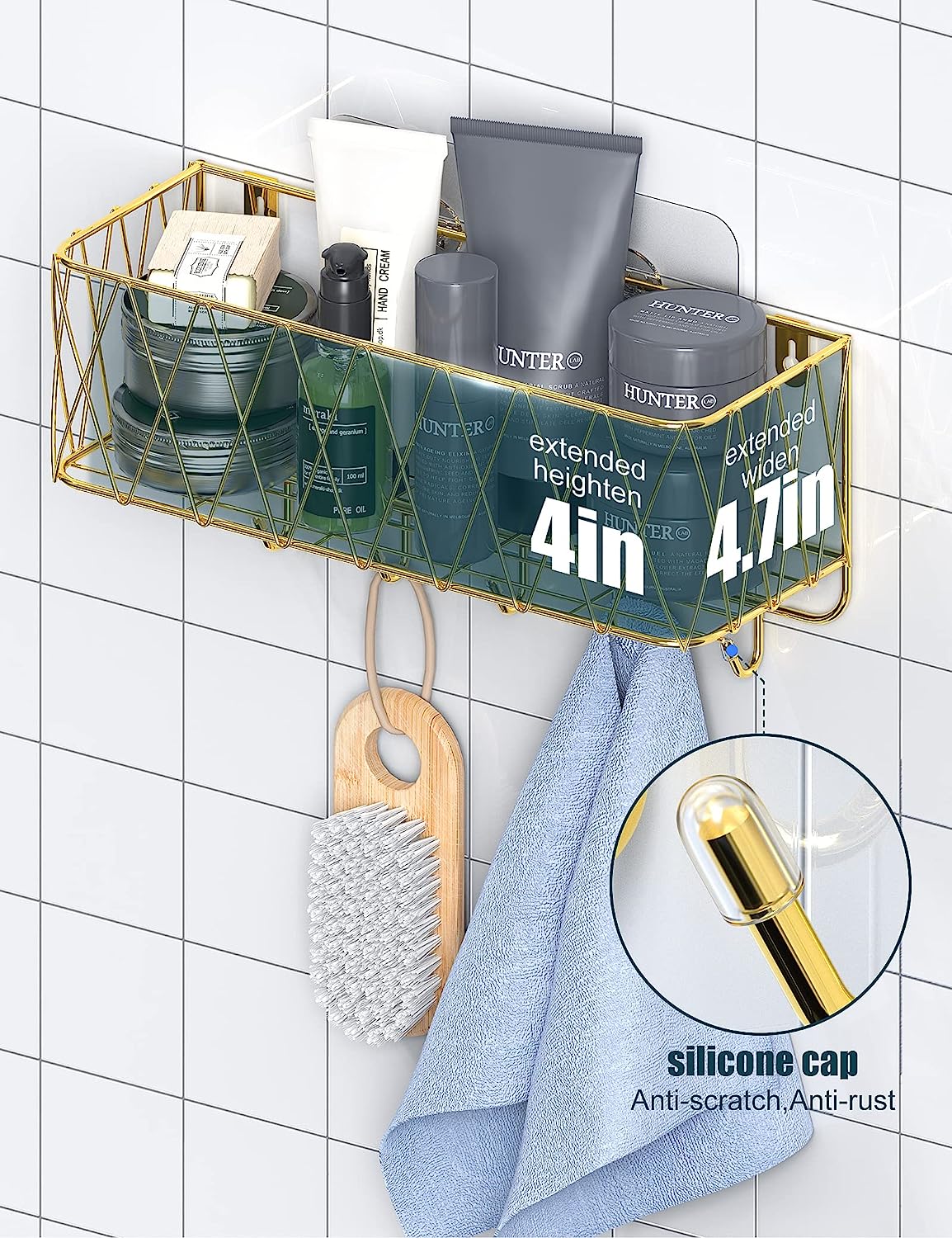 Adhesive Shower Caddy Basket Shelf, Bathroom Shampoo Organizer Shelves, Kitchen Storage Rack, No Drilling Wall Mounted Rustproof Shower Shelf for Inside Shower - 2 Pack (Gold)