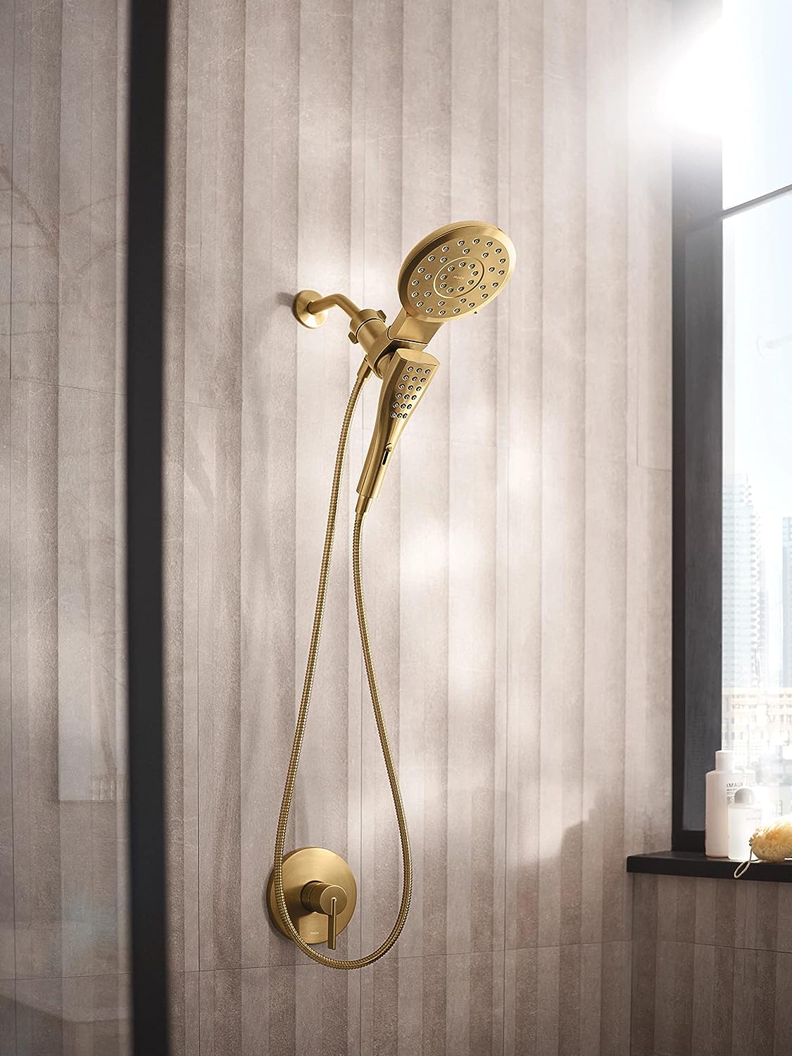 8-Spray Patterns with 1.75 GPM 7 in. Wall Mount Dual Shower Heads with Infiniti Dial in Brushed Gold