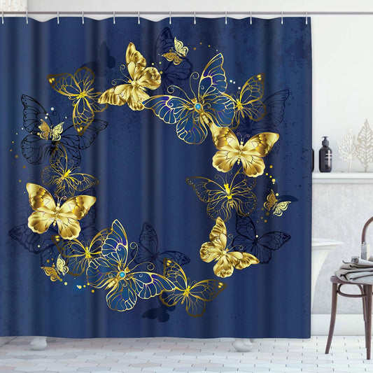 Blue Butterfly Shower Curtain, and Gold Butterflies on Dark Navy Blue Luxury Background Shower Curtain for Bathroom Decor Waterproof Polyester Fabric 72 x 72 Inches Set with Hooks