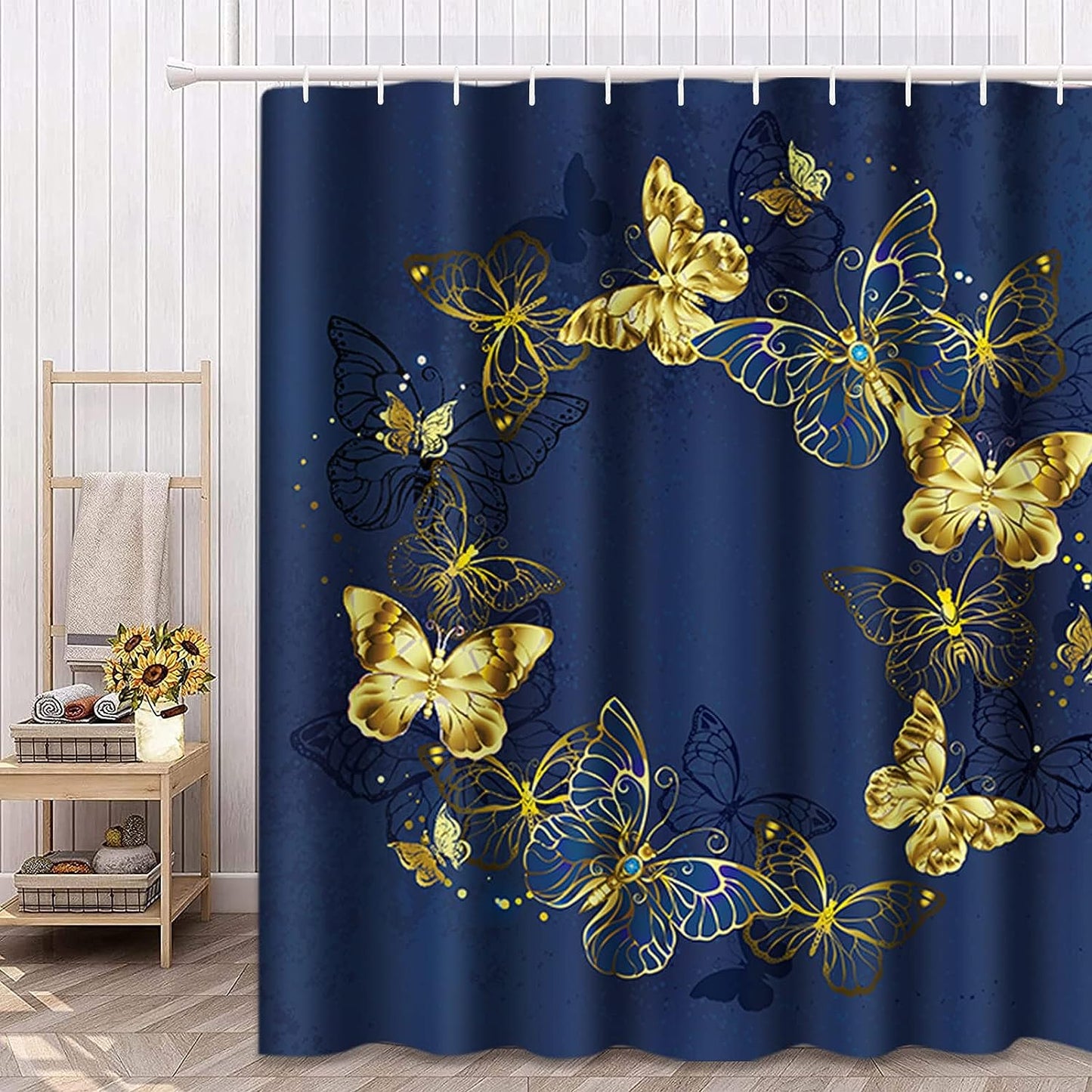 Blue Butterfly Shower Curtain, and Gold Butterflies on Dark Navy Blue Luxury Background Shower Curtain for Bathroom Decor Waterproof Polyester Fabric 72 x 72 Inches Set with Hooks