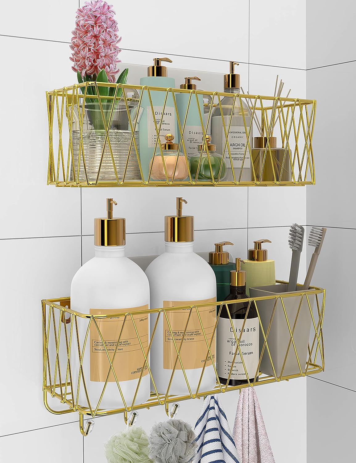 Adhesive Shower Caddy Basket Shelf, Bathroom Shampoo Organizer Shelves, Kitchen Storage Rack, No Drilling Wall Mounted Rustproof Shower Shelf for Inside Shower - 2 Pack (Gold)