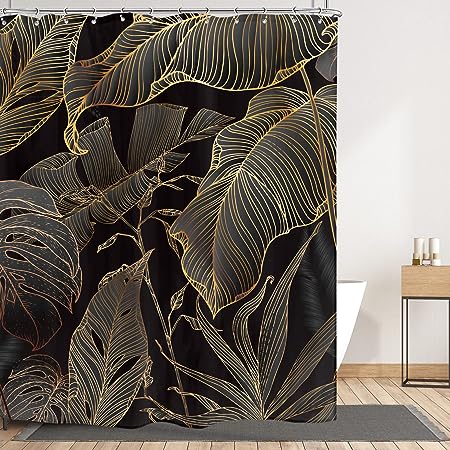 Black Brown Copper Shower Curtain Banana Leaf Palm Tree 60Wx72H Inch Palm Leaf Plants Tropical Leaves Bathroom Set Frond Botanical Nature with 12 Hooks Fabric Waterproof Accessories Decor