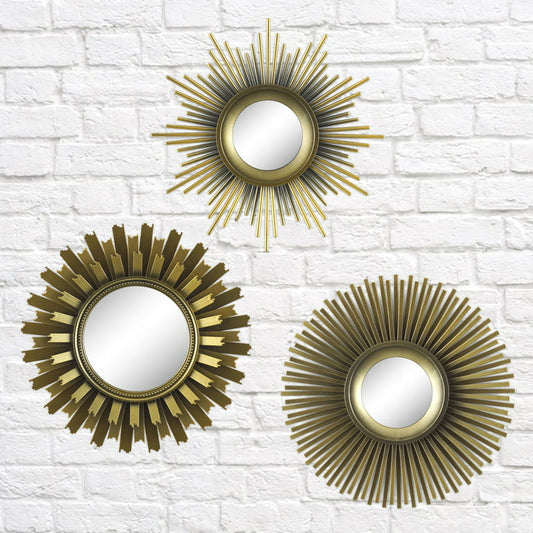 3-Piece Round Sunburst Mirror Set in Gold Finish