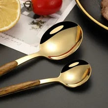 For Home Dinnerware Stainless Steel Knife Fork Spoon Mirrorw Golden Wooden Handle Dishwasher Kitchen