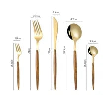 For Home Dinnerware Stainless Steel Knife Fork Spoon Mirrorw Golden Wooden Handle Dishwasher Kitchen