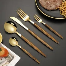 For Home Dinnerware Stainless Steel Knife Fork Spoon Mirrorw Golden Wooden Handle Dishwasher Kitchen