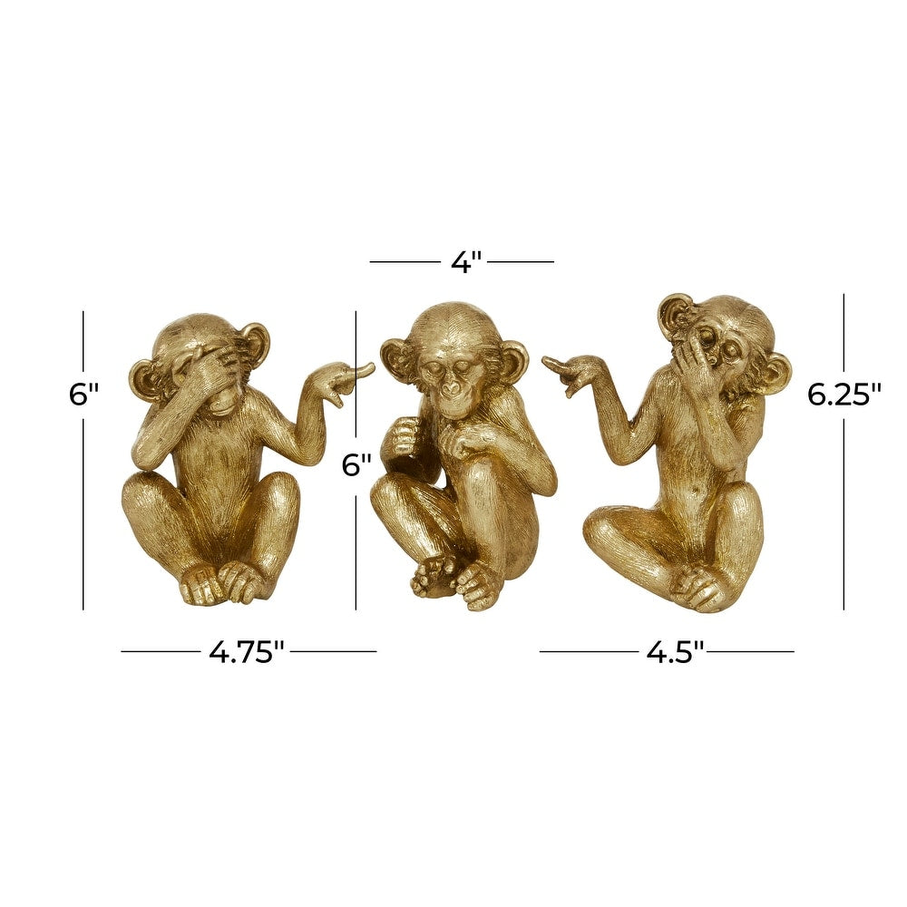 Gold Polystone Contemporary Sculpture Monkey (Set of 3) - S/3 6", 6", 6.25"H