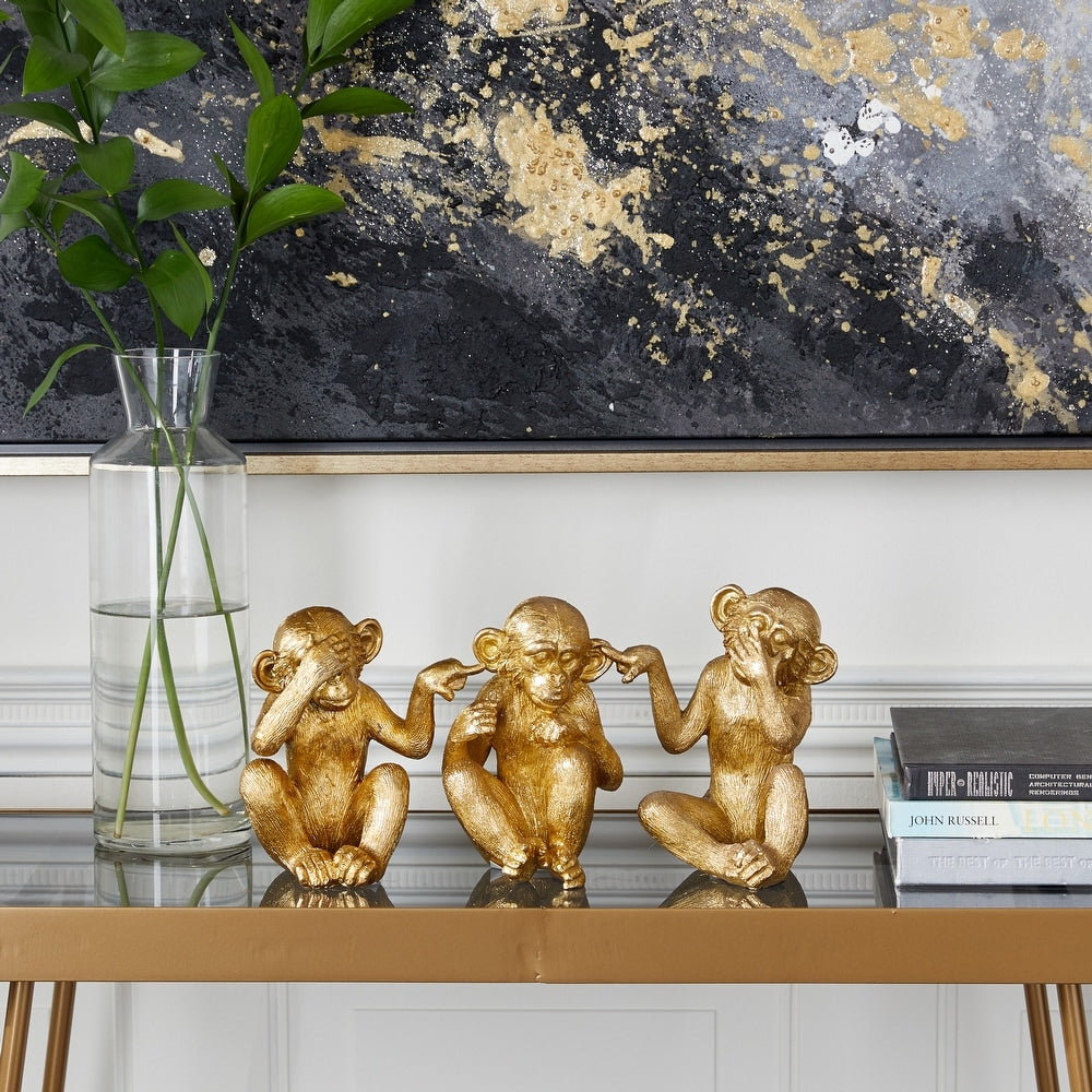 Gold Polystone Contemporary Sculpture Monkey (Set of 3) - S/3 6", 6", 6.25"H