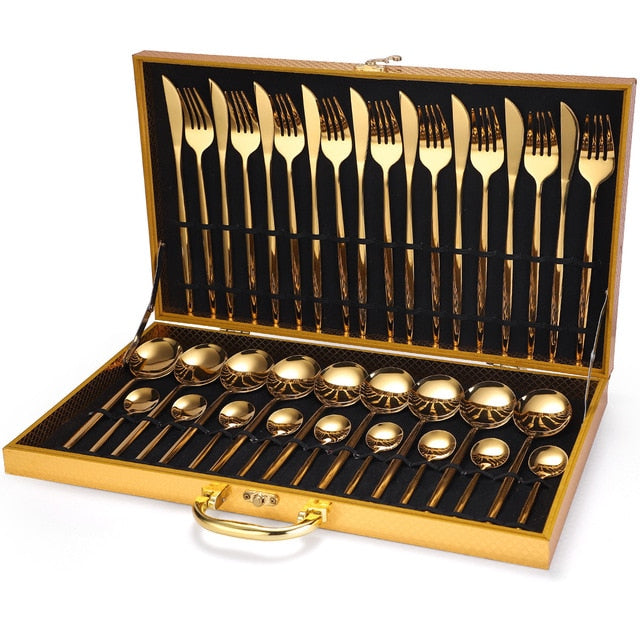 24pcs Gold Dinnerware Set Stainless Steel Tableware Set Knife Fork Spoon Luxury Cutlery Set Gift Box Flatware Dishwasher Saf