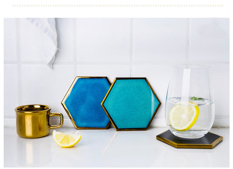 Luxury Gold Plated Edge Ceramic Coaster Hexagon