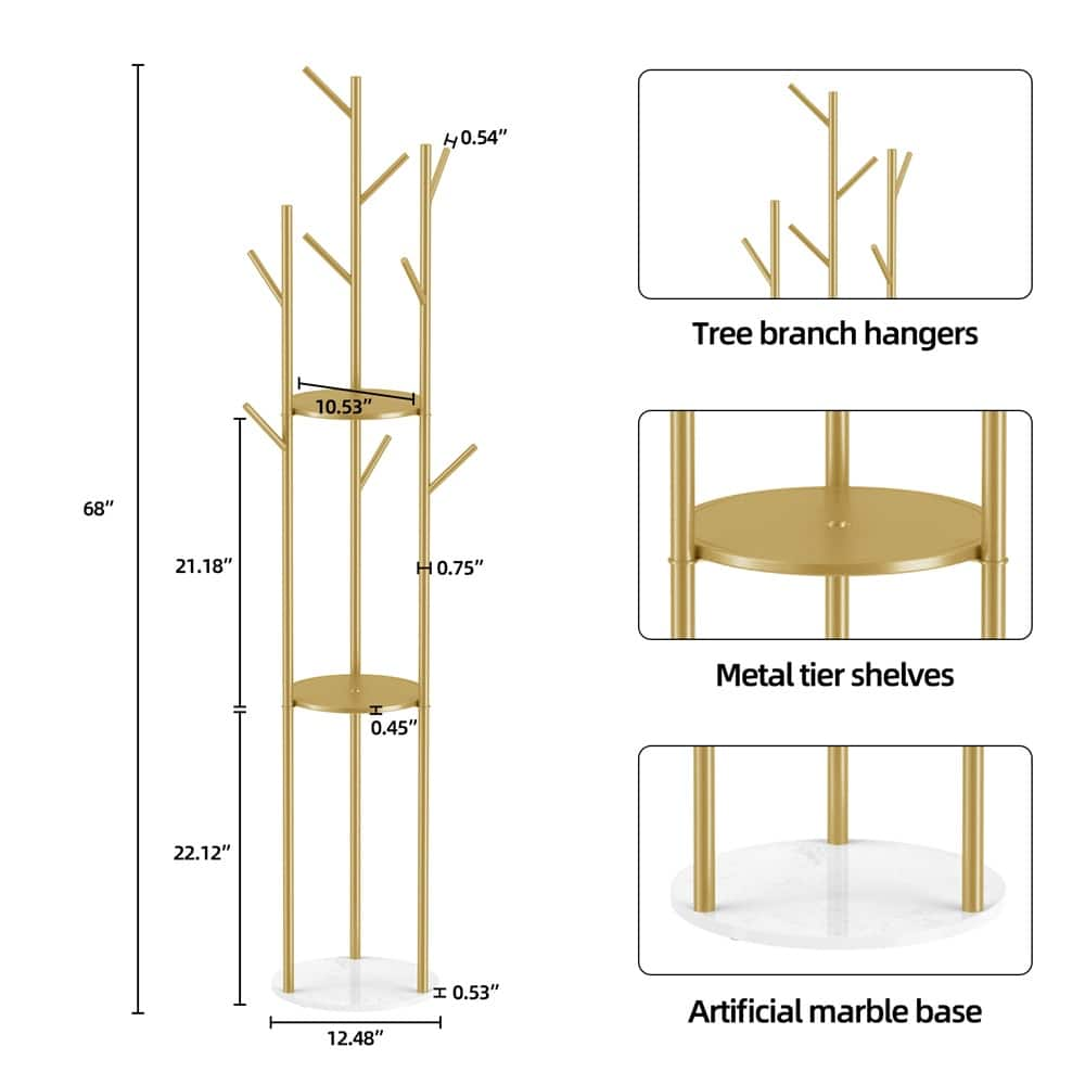 Metal Coat Rack Freestanding Storage Shelves Hooks Enterway Hall Tree - 12.48x68 inch.