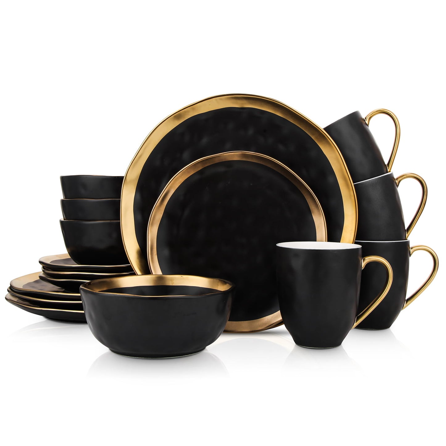 Florian Modern Porcelain Dish Set, 16-Piece Dishes for 4, Gold and Black