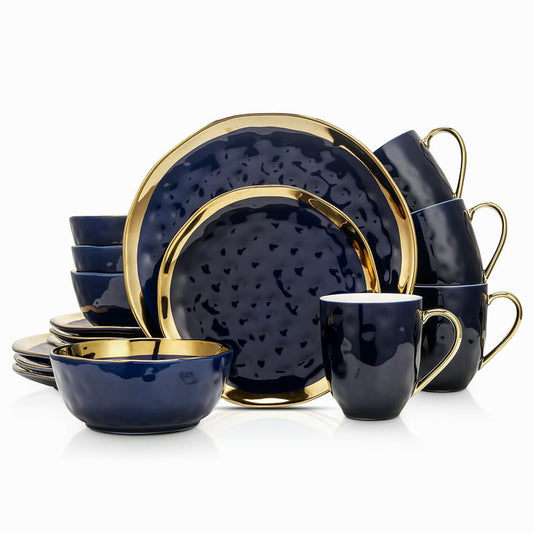 Modern Porcelain Dish Set, 16-Piece Dishes for 4, Gold and Navy