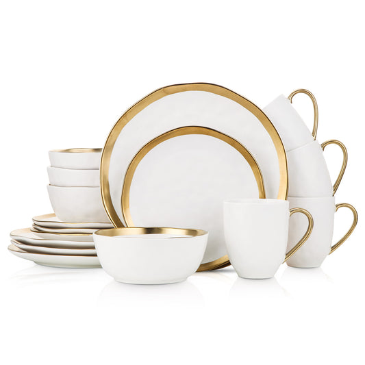 Florian Modern Porcelain Dish Set, 16-Piece Dishes for 4, Gold and White