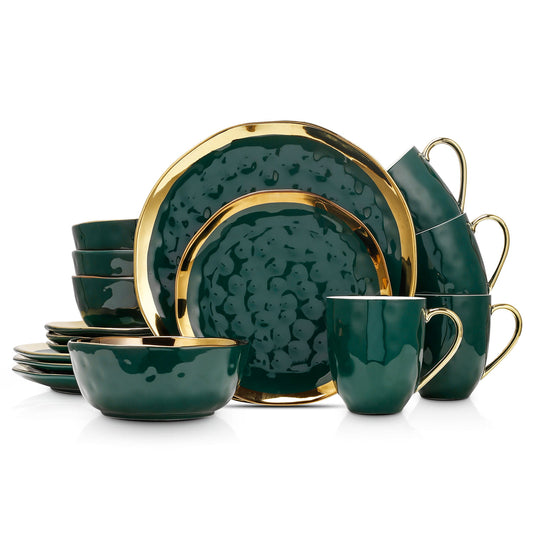 16-Piece Dinnerware Set, Service for 4, Green and Golden Rim