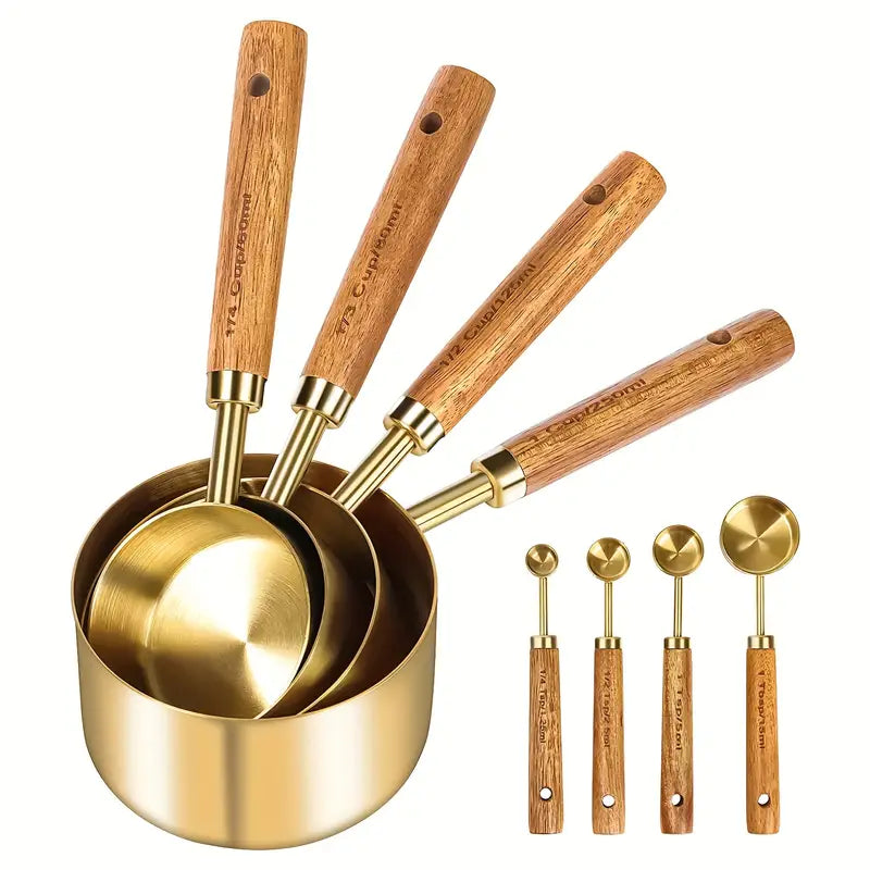 8-Piece Measuring Cup & Spoon Set: Wooden Handles, Metric & American Measurements, Stainless Steel, Gold Plated Polished, Perfect for Cooking & Baking!