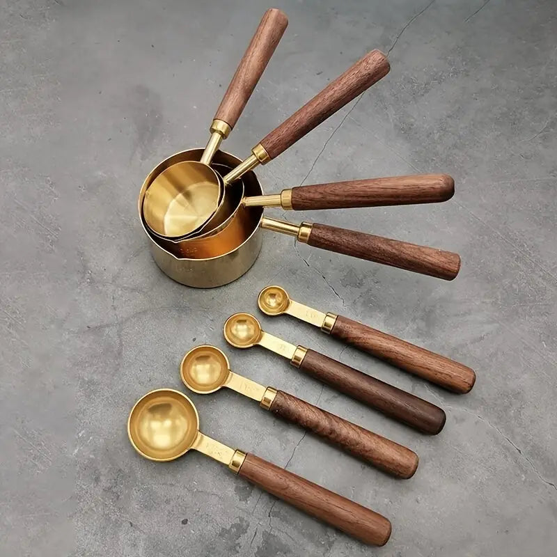 8-Piece Measuring Cup & Spoon Set: Wooden Handles, Metric & American Measurements, Stainless Steel, Gold Plated Polished, Perfect for Cooking & Baking!