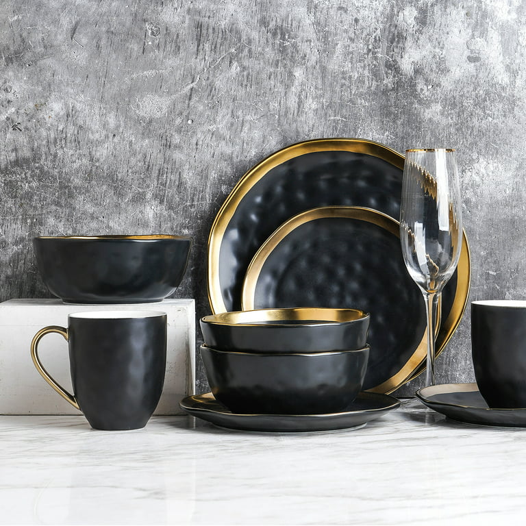 Florian Modern Porcelain Dish Set, 16-Piece Dishes for 4, Gold and Black