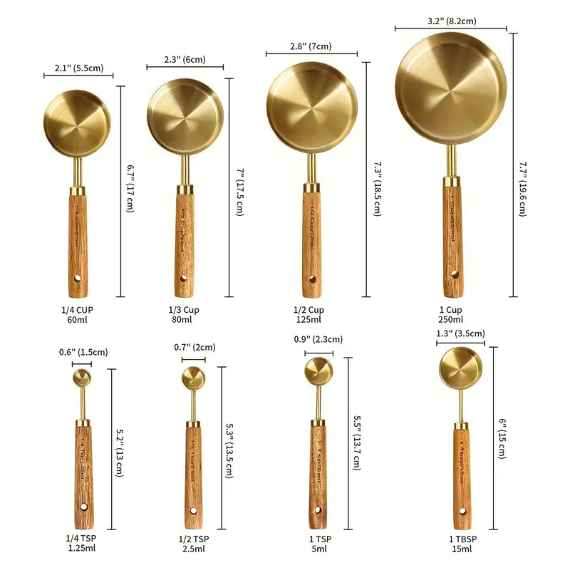 8-Piece Measuring Cup & Spoon Set: Wooden Handles, Metric & American Measurements, Stainless Steel, Gold Plated Polished, Perfect for Cooking & Baking!