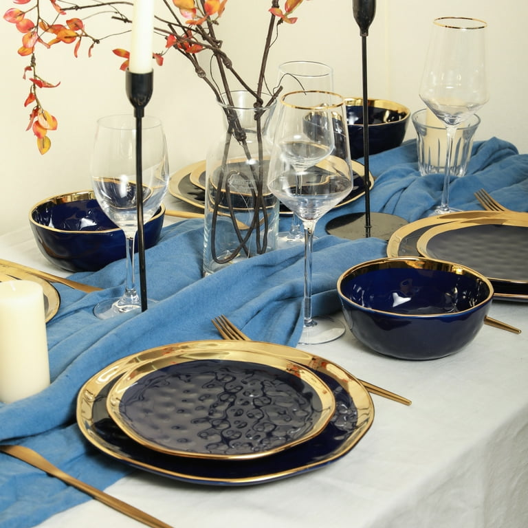 Modern Porcelain Dish Set, 16-Piece Dishes for 4, Gold and Navy