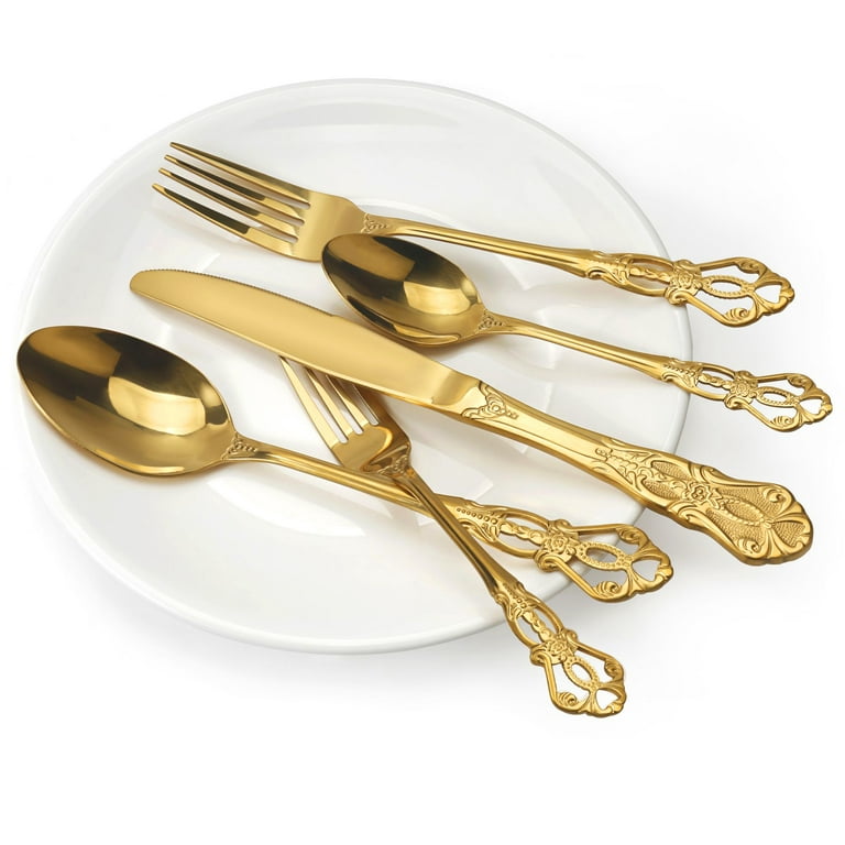 Gold Stainless Steel Silverware Set Retro Flatware Set 20 Piece Utensil Sets Service for 4. Weight 2lb.