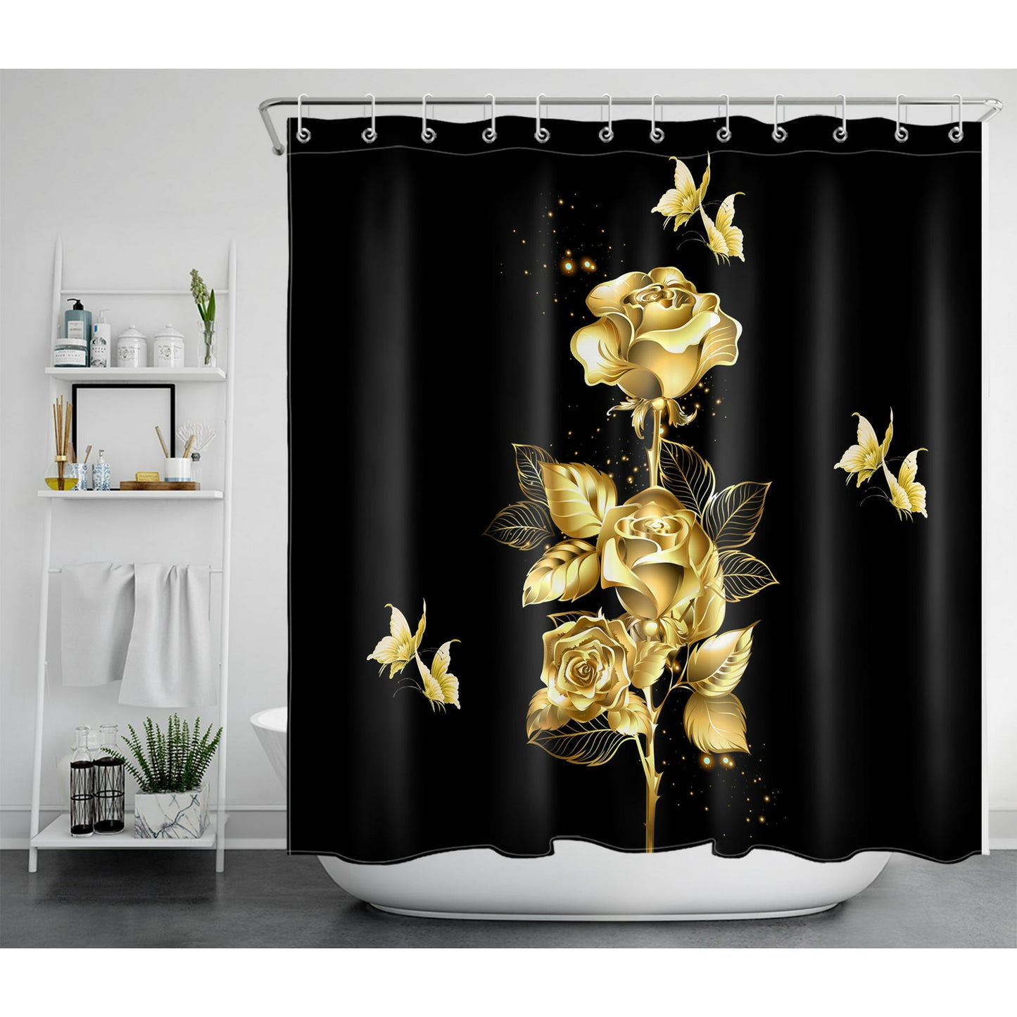 Shower Curtain Black and Golden Shower Curtain for Bathroom,Polyester Waterproof Durable Fabric curtain with Hooks