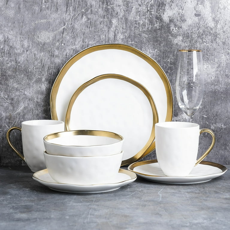 Florian Modern Porcelain Dish Set, 16-Piece Dishes for 4, Gold and White