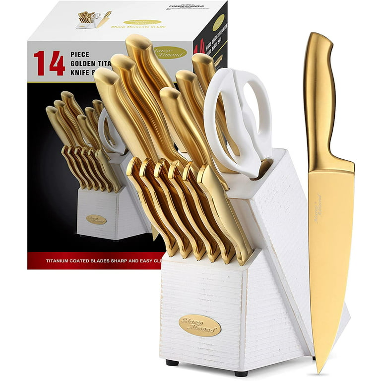 14-Piece Knife Set with Block Golden Kitchen Knife Block Set Stainless Steel