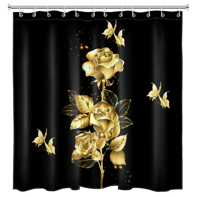 Shower Curtain Black and Golden Shower Curtain for Bathroom,Polyester Waterproof Durable Fabric curtain with Hooks