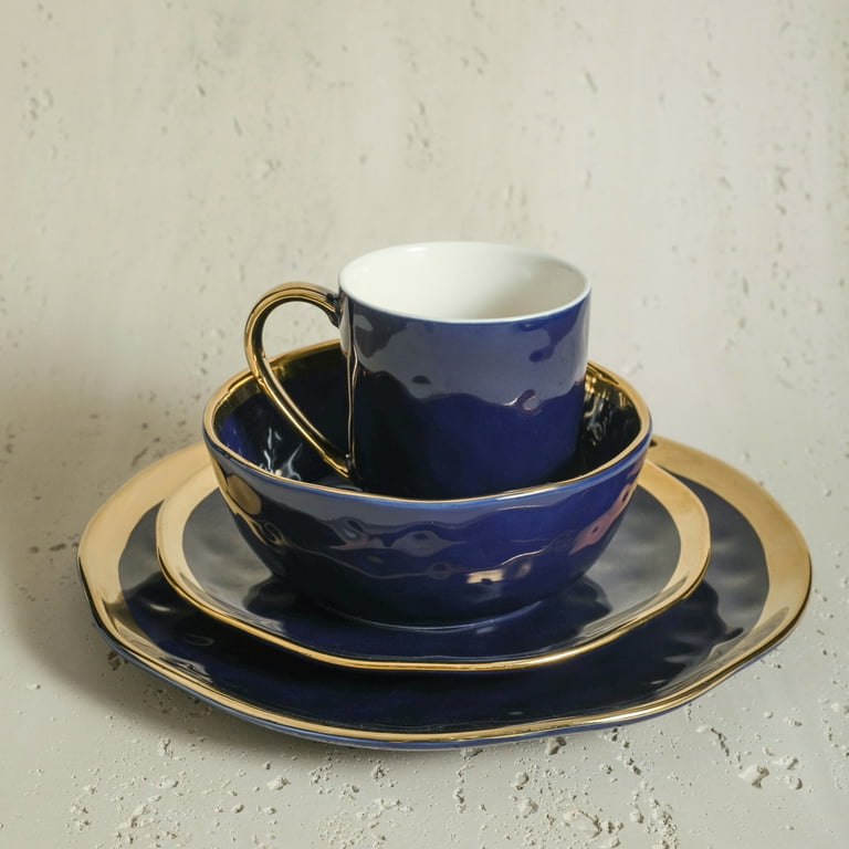 Modern Porcelain Dish Set, 16-Piece Dishes for 4, Gold and Navy