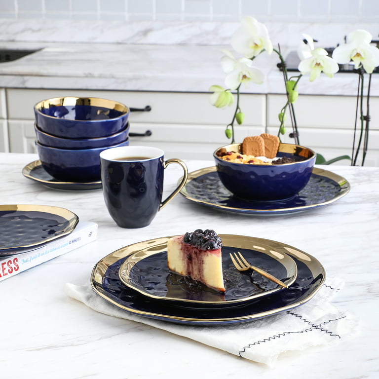 Modern Porcelain Dish Set, 16-Piece Dishes for 4, Gold and Navy