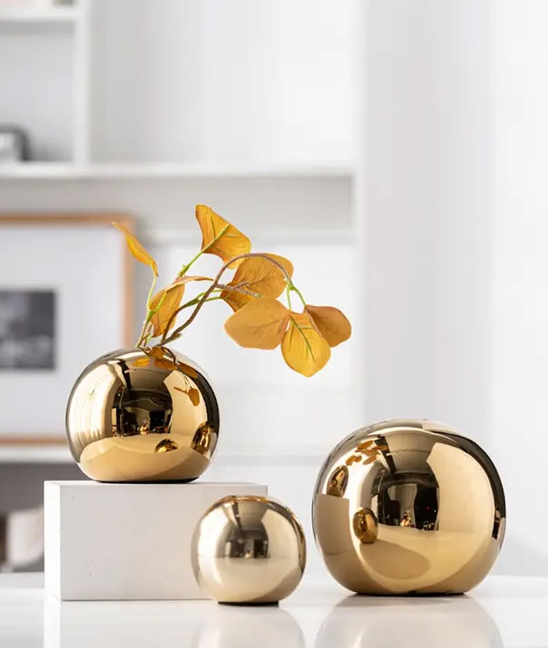 Elegant Set of 3 Gold Globe Vases - Modern Home Decor