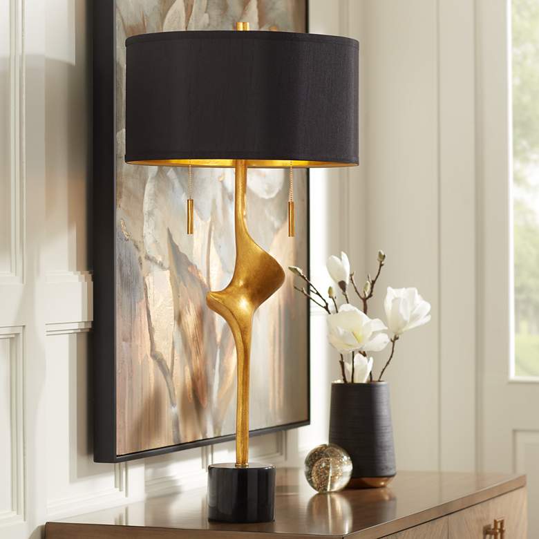 Athena Gold Leaf Modern Table Lamp with Black Shade .